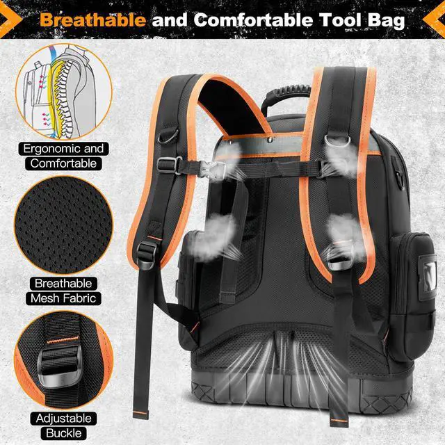 Alt view image 4 of 7 - 18.1-inch Heavy-Duty Tool Backpack, 75 Pockets, Black | 110 lbs Load Tested, 1680D Tear-Resistant Fabric, Removable Tool Panel, Combination Lock, Electricians, HVAC Pros