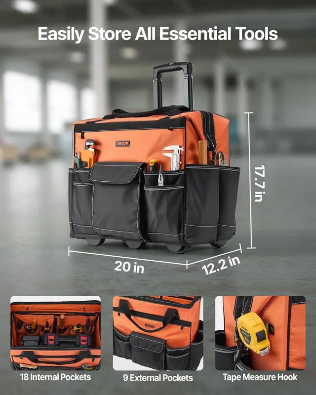 Alt view image 2 of 7 - 20" Rolling Tool Bag, 110 lbs Load Capacity, 27 Pockets Heavy Duty Roller Tool Bag on Wheels, Adjustable Telescoping Handle & Stable Base, Toolbag Organizers w/Wheels for Construction, Mechanic
