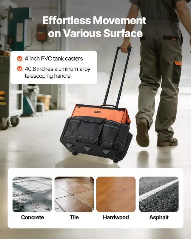 Alt view image 4 of 7 - 20" Rolling Tool Bag, 110 lbs Load Capacity, 27 Pockets Heavy Duty Roller Tool Bag on Wheels, Adjustable Telescoping Handle & Stable Base, Toolbag Organizers w/Wheels for Construction, Mechanic