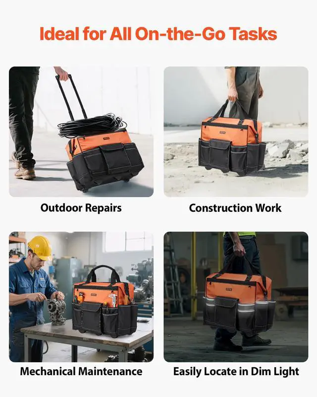 Alt view image 6 of 7 - 20" Rolling Tool Bag, 110 lbs Load Capacity, 27 Pockets Heavy Duty Roller Tool Bag on Wheels, Adjustable Telescoping Handle & Stable Base, Toolbag Organizers w/Wheels for Construction, Mechanic