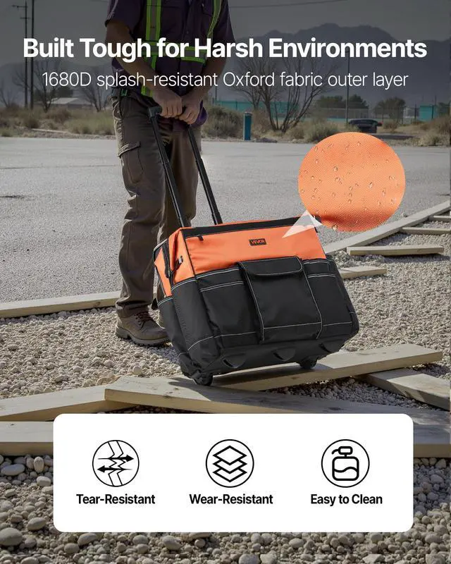 Alt view image 3 of 7 - 20" Rolling Tool Bag, 110 lbs Load Capacity, 27 Pockets Heavy Duty Roller Tool Bag on Wheels, Adjustable Telescoping Handle & Stable Base, Toolbag Organizers w/Wheels for Construction, Mechanic