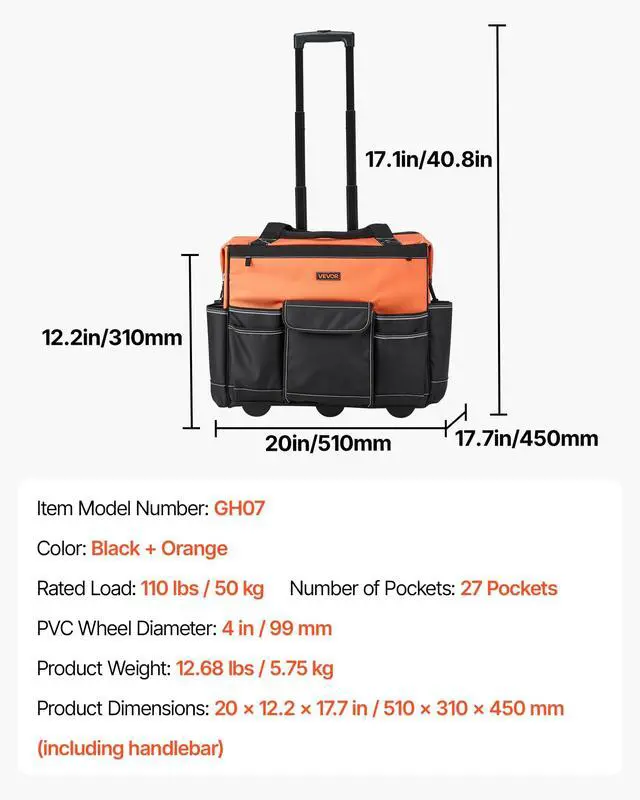 Alt view image 7 of 7 - 20" Rolling Tool Bag, 110 lbs Load Capacity, 27 Pockets Heavy Duty Roller Tool Bag on Wheels, Adjustable Telescoping Handle & Stable Base, Toolbag Organizers w/Wheels for Construction, Mechanic