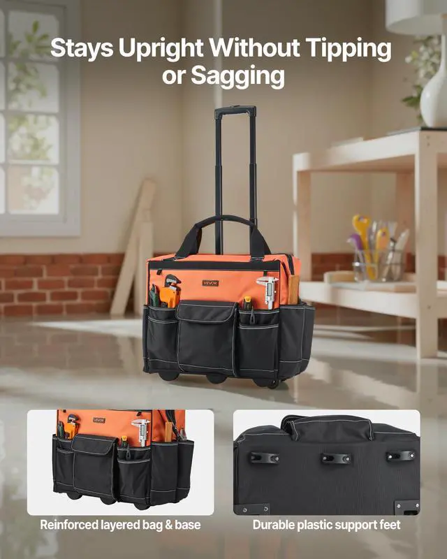 Alt view image 5 of 7 - 20" Rolling Tool Bag, 110 lbs Load Capacity, 27 Pockets Heavy Duty Roller Tool Bag on Wheels, Adjustable Telescoping Handle & Stable Base, Toolbag Organizers w/Wheels for Construction, Mechanic