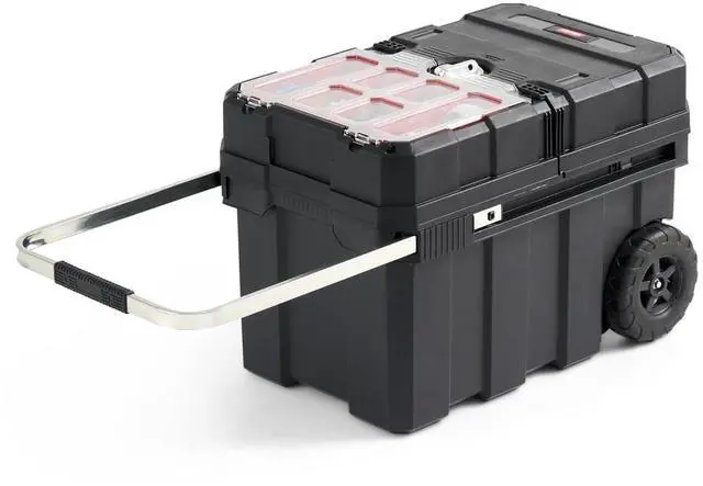 Main image of Masterloader Resin Rolling Tool Box with Locking System and Removable Bins Perfect Organization and Storage Chest for Power Drill, Tape Measure, and Screwdriver Set, Black | Black, Heavy Duty