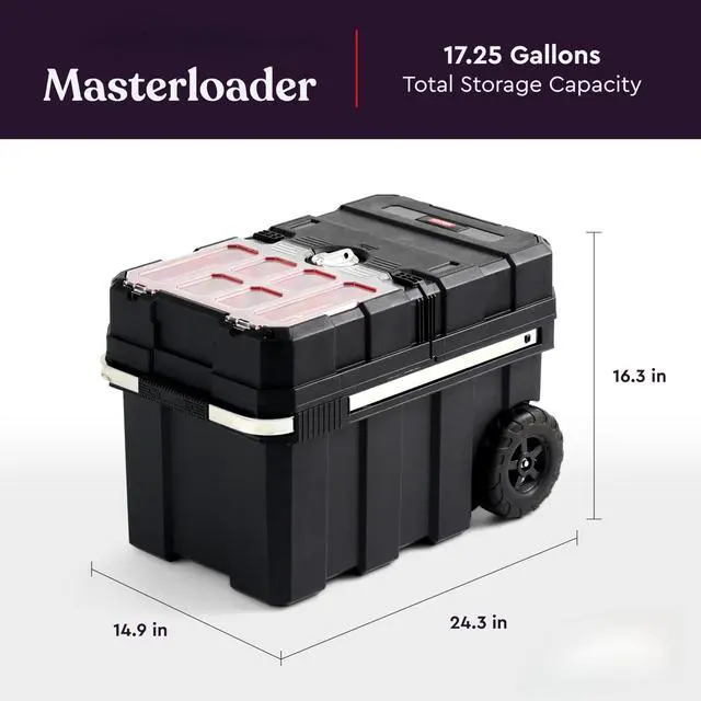 Alt view image 3 of 7 - Masterloader Resin Rolling Tool Box with Locking System and Removable Bins Perfect Organization and Storage Chest for Power Drill, Tape Measure, and Screwdriver Set, Black | Black, Heavy Duty