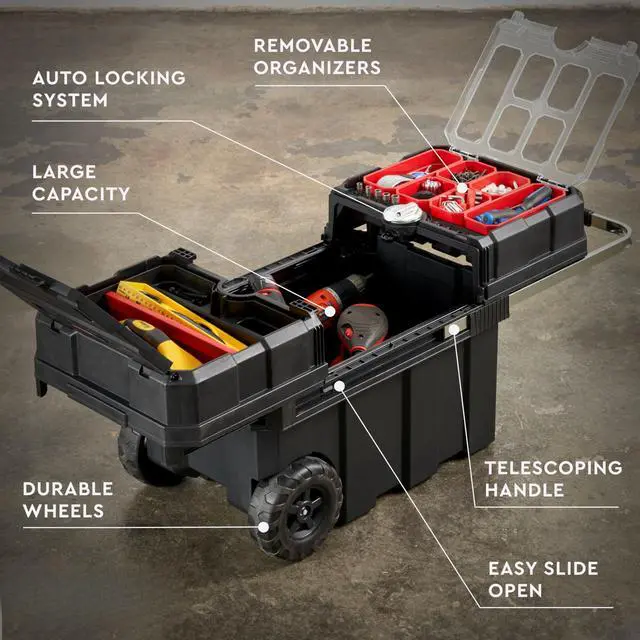 Alt view image 2 of 7 - Masterloader Resin Rolling Tool Box with Locking System and Removable Bins Perfect Organization and Storage Chest for Power Drill, Tape Measure, and Screwdriver Set, Black | Black, Heavy Duty
