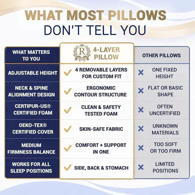 Alt view image 7 of 7 - Memory Foam Pillow, Cervical Pillow, 4-Layer Queen, Contour Pillow, Side Sleeper, Neck Support, Pillow for Neck Pain, CertiPUR-US