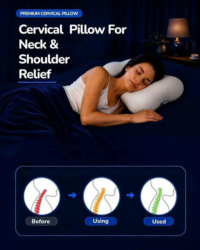 Alt view image 2 of 7 - Cervical Neck Pillow for Sleeping, Memory Foam Pillows, White | Neck Pain Relief, Ergonomic Contour Memory Foam, Side Back Stomach Sleepers, Cooling Pillowcase, Cloud-Soft Shoulder Support