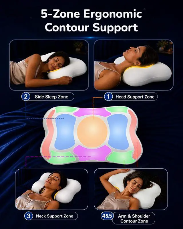 Alt view image 4 of 7 - Cervical Neck Pillow for Sleeping, Memory Foam Pillows, White | Neck Pain Relief, Ergonomic Contour Memory Foam, Side Back Stomach Sleepers, Cooling Pillowcase, Cloud-Soft Shoulder Support