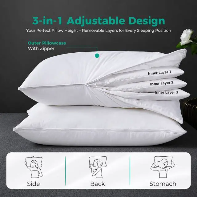 Alt view image 2 of 7 - Adjustable Layer Goose Feather Pillow,Assemblable Bed Pillow,100% Soft Cotton Cover,Good for Side and Back Stomach Sleeper, Standard/Queen Size,Packaging Include 2 Pillows.