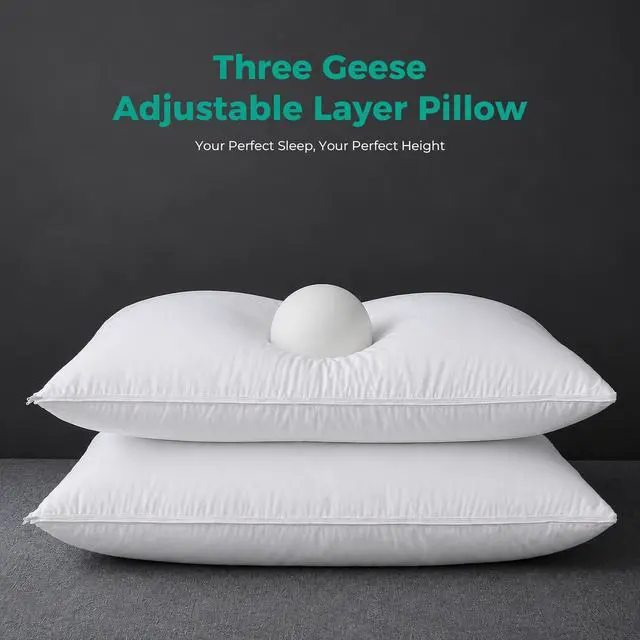 Alt view image 6 of 7 - Adjustable Layer Goose Feather Pillow,Assemblable Bed Pillow,100% Soft Cotton Cover,Good for Side and Back Stomach Sleeper, Standard/Queen Size,Packaging Include 2 Pillows.