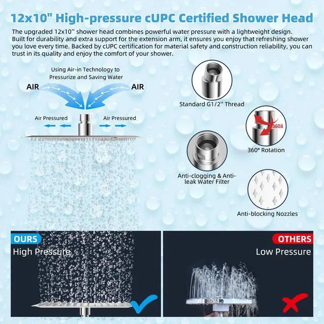 Alt view image 5 of 7 - All Metal CUPC Certified 12'' Rainfall Shower Head, Dual Shower Head Combo with 4 Handheld Sprays, High Pressure Shower Wand, 16'' Adjustable Extension Arm, 71'' Hose, Shower Holder, Chrome