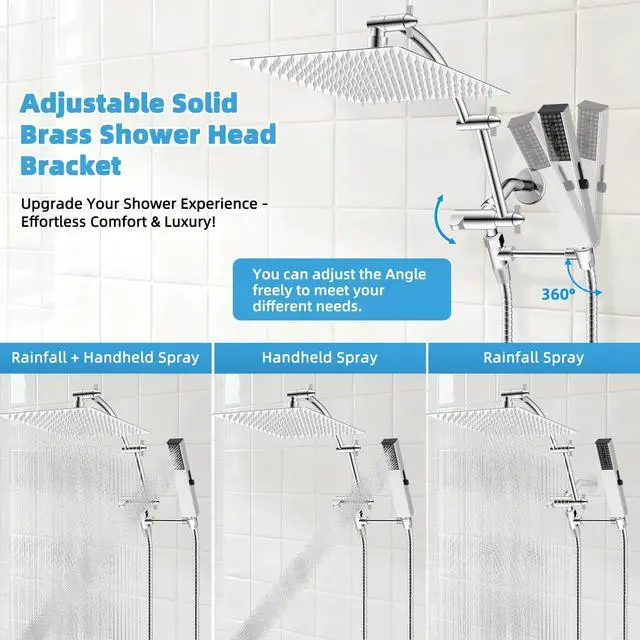Alt view image 6 of 7 - All Metal CUPC Certified 12'' Rainfall Shower Head, Dual Shower Head Combo with 4 Handheld Sprays, High Pressure Shower Wand, 16'' Adjustable Extension Arm, 71'' Hose, Shower Holder, Chrome