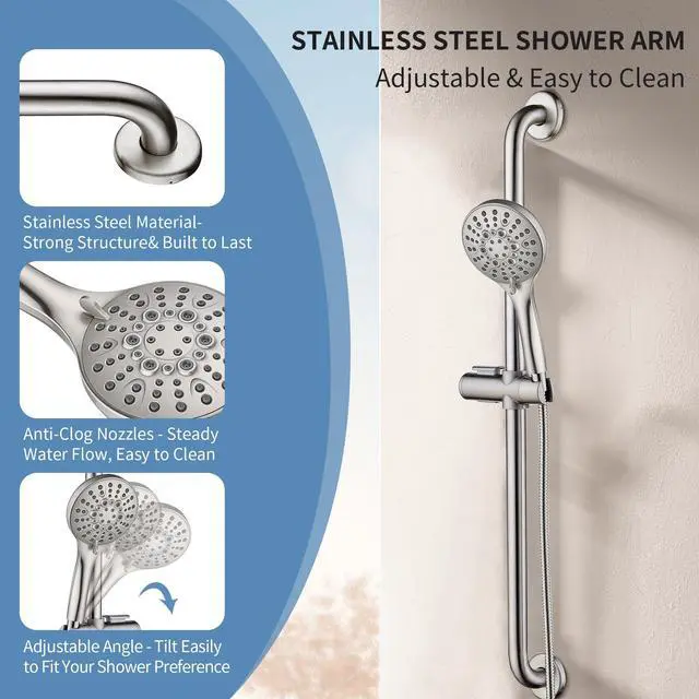 Alt view image 2 of 7 - Slide Bar Shower Set with Handheld Shower Head, ADA-Compliant Stainless Steel Grab Bar, Adjustable Height and 69-Inch Hose, Brushed Nickel