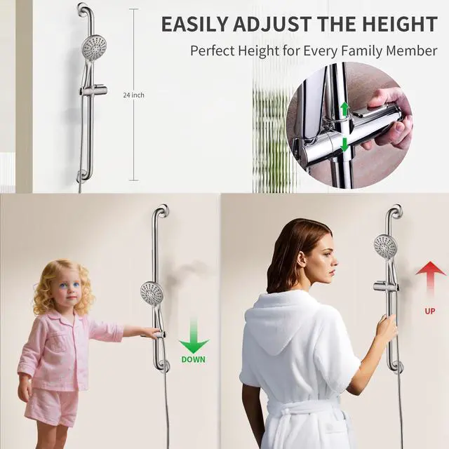 Alt view image 3 of 7 - Slide Bar Shower Set with Handheld Shower Head, ADA-Compliant Stainless Steel Grab Bar, Adjustable Height and 69-Inch Hose, Brushed Nickel