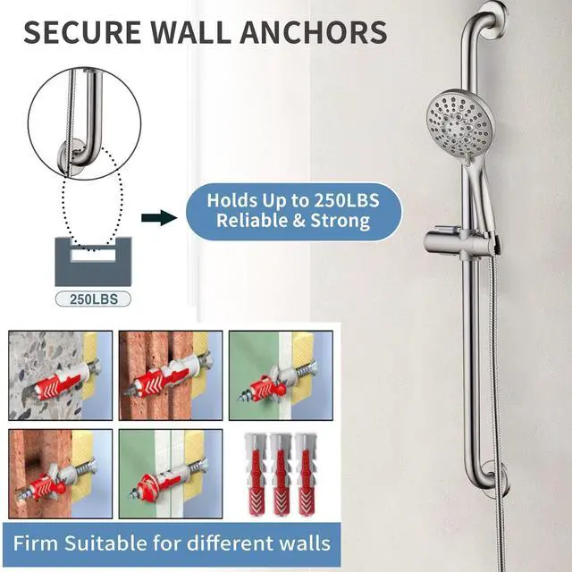 Alt view image 5 of 7 - Slide Bar Shower Set with Handheld Shower Head, ADA-Compliant Stainless Steel Grab Bar, Adjustable Height and 69-Inch Hose, Brushed Nickel