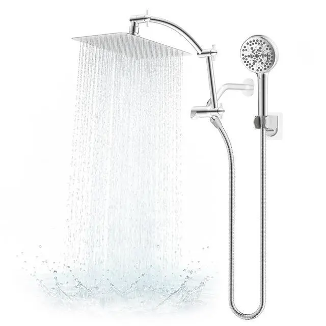 Main image of All Metal 10" High Pressure Rain Shower Head Combo, Chrome | cUPC Certified Rainfall Shower Head with handheld 10 Sprays, 16'' Adjustable Extension Arm, 71'' Hose, Showerhead Holder