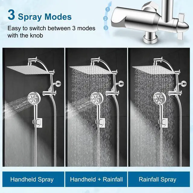 Alt view image 2 of 7 - All Metal 10" High Pressure Rain Shower Head Combo, Chrome | cUPC Certified Rainfall Shower Head with handheld 10 Sprays, 16'' Adjustable Extension Arm, 71'' Hose, Showerhead Holder