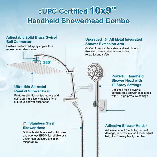 Alt view image 6 of 7 - All Metal 10" High Pressure Rain Shower Head Combo, Chrome | cUPC Certified Rainfall Shower Head with handheld 10 Sprays, 16'' Adjustable Extension Arm, 71'' Hose, Showerhead Holder