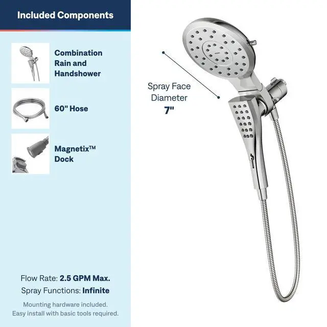 Alt view image 3 of 7 - Verso Chrome Round Rain Shower Head and Detachable Handshower Combination with Magnetix Docking System and 60-inch Metal Hose, 220C2