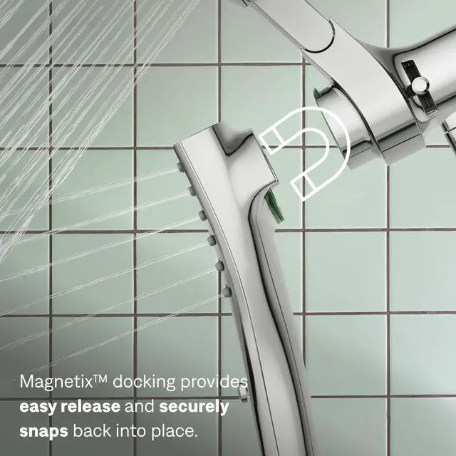 Alt view image 4 of 7 - Verso Chrome Round Rain Shower Head and Detachable Handshower Combination with Magnetix Docking System and 60-inch Metal Hose, 220C2