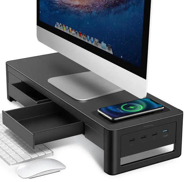 Main image of 3 In 1 Monitor Stand Riser with 2 Drawers,1 Wireless Charging Module and 4 USB Ports,Metal Computer Stand Support Transfer Data & Charging,Desk Organizer for PC,iMac (21 inches)