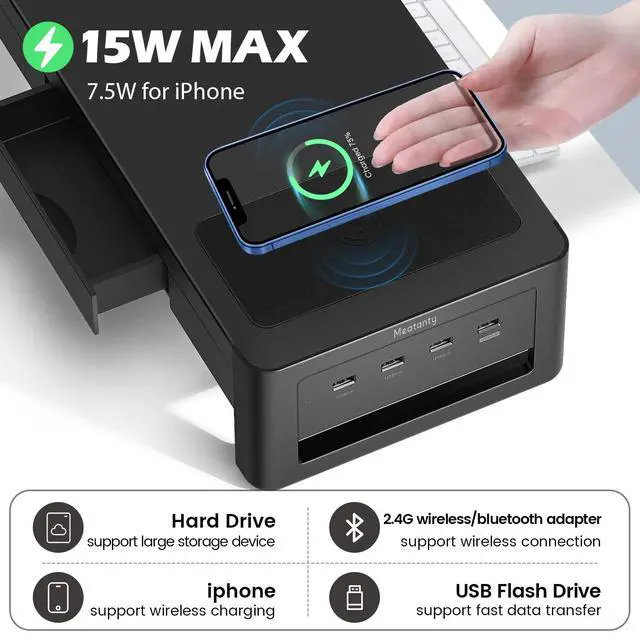 Alt view image 2 of 7 - 3 In 1 Monitor Stand Riser with 2 Drawers,1 Wireless Charging Module and 4 USB Ports,Metal Computer Stand Support Transfer Data & Charging,Desk Organizer for PC,iMac (21 inches)