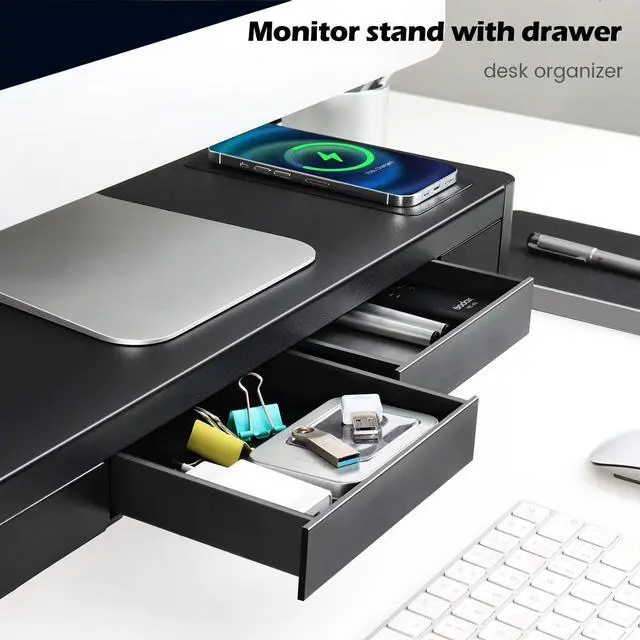 Alt view image 3 of 7 - 3 In 1 Monitor Stand Riser with 2 Drawers,1 Wireless Charging Module and 4 USB Ports,Metal Computer Stand Support Transfer Data & Charging,Desk Organizer for PC,iMac (21 inches)