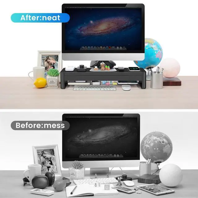Alt view image 4 of 7 - 3 In 1 Monitor Stand Riser with 2 Drawers,1 Wireless Charging Module and 4 USB Ports,Metal Computer Stand Support Transfer Data & Charging,Desk Organizer for PC,iMac (21 inches)