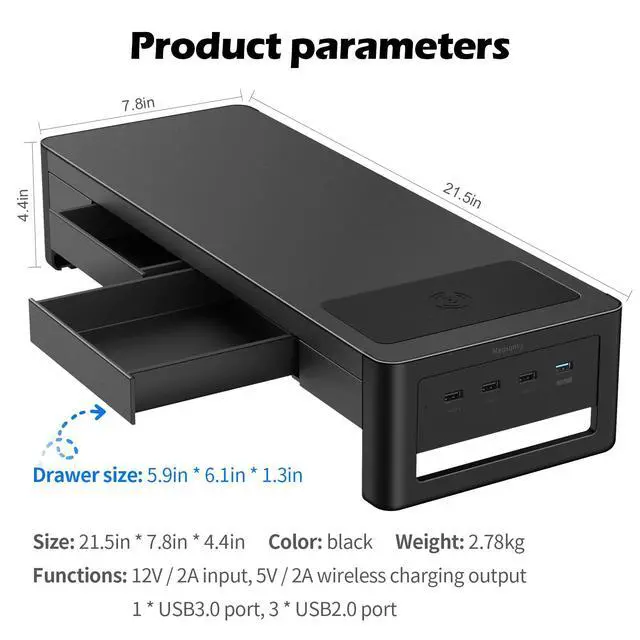 Alt view image 6 of 7 - 3 In 1 Monitor Stand Riser with 2 Drawers,1 Wireless Charging Module and 4 USB Ports,Metal Computer Stand Support Transfer Data & Charging,Desk Organizer for PC,iMac (21 inches)