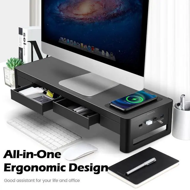 Alt view image 7 of 7 - 3 In 1 Monitor Stand Riser with 2 Drawers,1 Wireless Charging Module and 4 USB Ports,Metal Computer Stand Support Transfer Data & Charging,Desk Organizer for PC,iMac (21 inches)