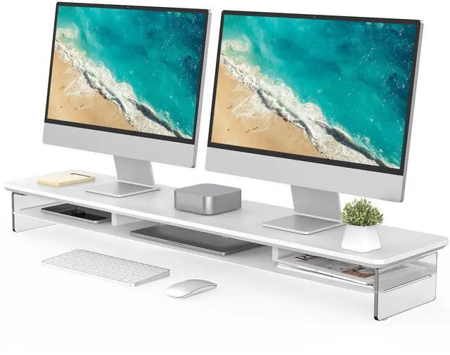 Main image of 42.5" Dual Monitor Stand with Clear Acrylic Legs, White | Clear Acrylic, Storage Compartment, 2-tier Home Office Monitor Riser, Wide Large Desktop Shelf Fit Monitor/Laptop/Printer