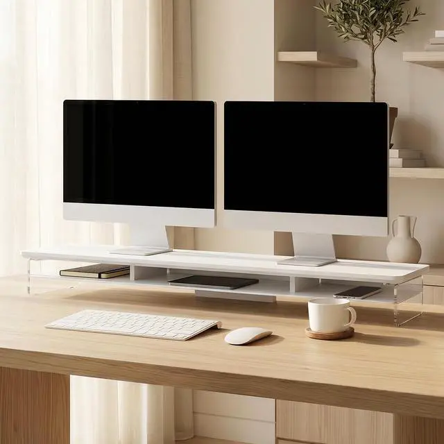 Alt view image 2 of 7 - 42.5" Dual Monitor Stand with Clear Acrylic Legs, White | Clear Acrylic, Storage Compartment, 2-tier Home Office Monitor Riser, Wide Large Desktop Shelf Fit Monitor/Laptop/Printer