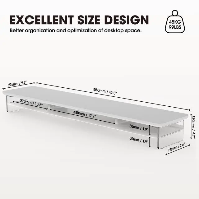 Alt view image 4 of 7 - 42.5" Dual Monitor Stand with Clear Acrylic Legs, White | Clear Acrylic, Storage Compartment, 2-tier Home Office Monitor Riser, Wide Large Desktop Shelf Fit Monitor/Laptop/Printer