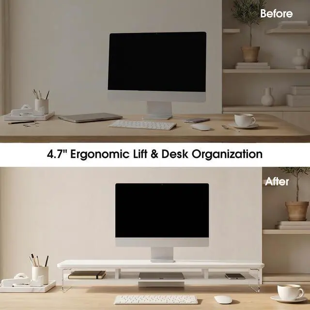 Alt view image 6 of 7 - 42.5" Dual Monitor Stand with Clear Acrylic Legs, White | Clear Acrylic, Storage Compartment, 2-tier Home Office Monitor Riser, Wide Large Desktop Shelf Fit Monitor/Laptop/Printer