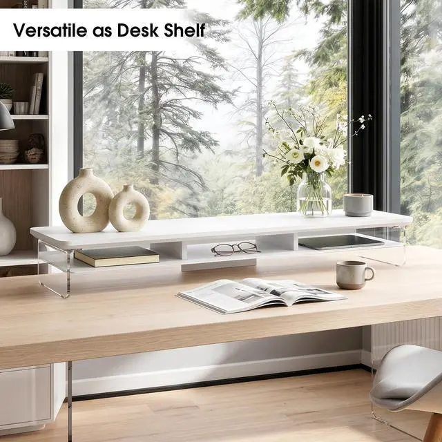 Alt view image 7 of 7 - 42.5" Dual Monitor Stand with Clear Acrylic Legs, White | Clear Acrylic, Storage Compartment, 2-tier Home Office Monitor Riser, Wide Large Desktop Shelf Fit Monitor/Laptop/Printer