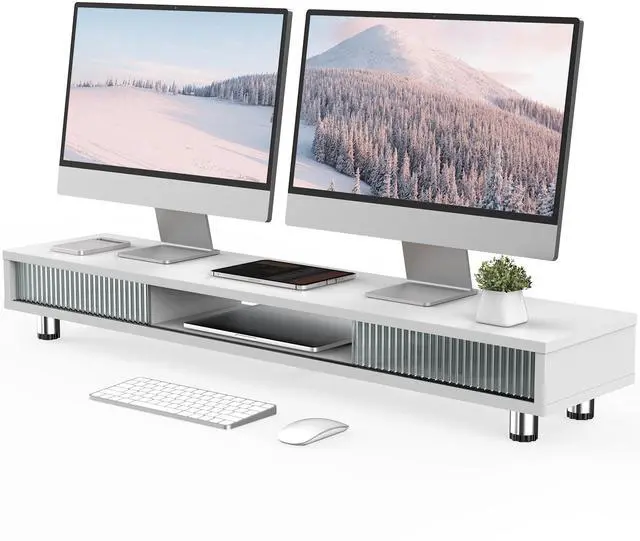 Main image of Dual Monitor Stand with Storage, Desk Shelf with Glass Sliding Door | Ergonomic Height Adjustment, 42.5in Monitor Shelf, 2-Tier Monitor Riser, Desk Organizer for Screen, PC, Laptop, White