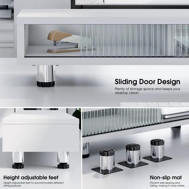 Alt view image 4 of 7 - Dual Monitor Stand with Storage, Desk Shelf with Glass Sliding Door | Ergonomic Height Adjustment, 42.5in Monitor Shelf, 2-Tier Monitor Riser, Desk Organizer for Screen, PC, Laptop, White