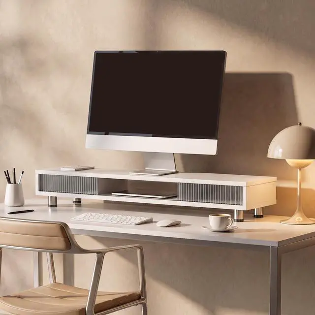 Alt view image 2 of 7 - Dual Monitor Stand with Storage, Desk Shelf with Glass Sliding Door | Ergonomic Height Adjustment, 42.5in Monitor Shelf, 2-Tier Monitor Riser, Desk Organizer for Screen, PC, Laptop, White