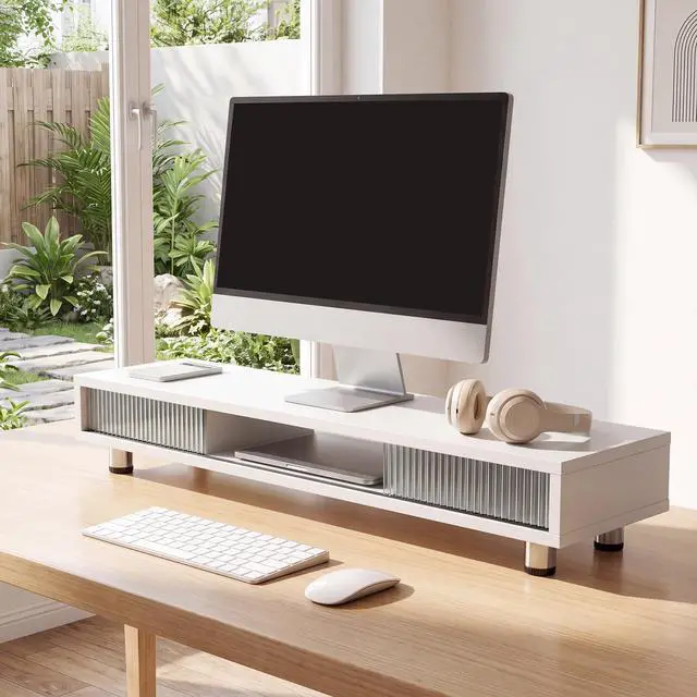 Alt view image 6 of 7 - Dual Monitor Stand with Storage, Desk Shelf with Glass Sliding Door | Ergonomic Height Adjustment, 42.5in Monitor Shelf, 2-Tier Monitor Riser, Desk Organizer for Screen, PC, Laptop, White