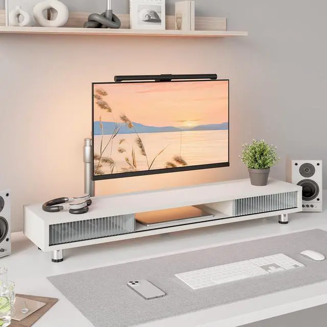 Alt view image 5 of 7 - Dual Monitor Stand with Storage, Desk Shelf with Glass Sliding Door | Ergonomic Height Adjustment, 42.5in Monitor Shelf, 2-Tier Monitor Riser, Desk Organizer for Screen, PC, Laptop, White