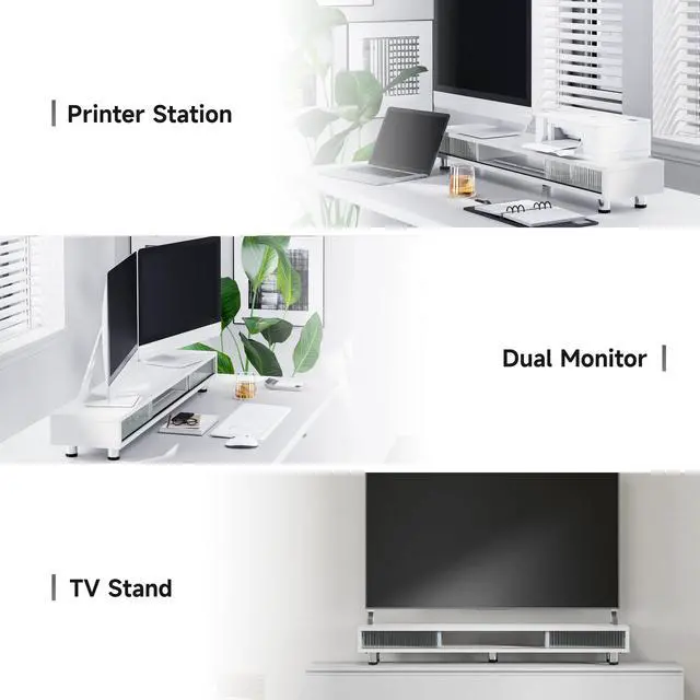 Alt view image 7 of 7 - Dual Monitor Stand with Storage, Desk Shelf with Glass Sliding Door | Ergonomic Height Adjustment, 42.5in Monitor Shelf, 2-Tier Monitor Riser, Desk Organizer for Screen, PC, Laptop, White