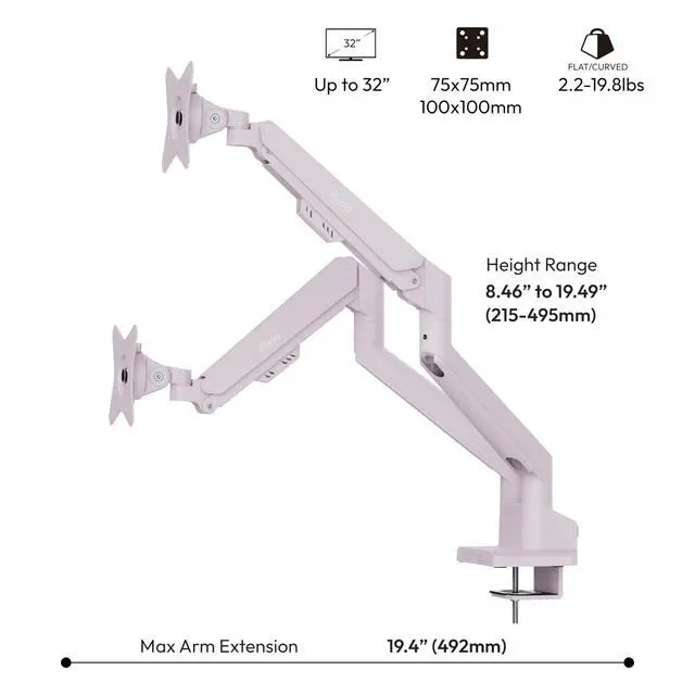 Alt view image 4 of 7 - PS1D Wave Pink Dual Monitor Arm Stand Desk Mount - Fits up to 32 inches Monitors and up to 19.8lbs. VESA Compatibility and Integrated Cable Management