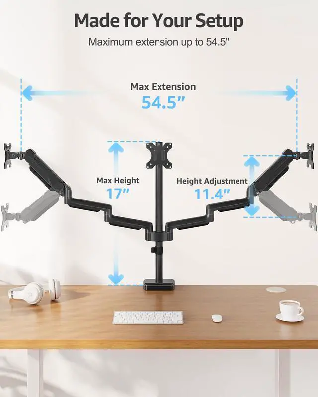 Alt view image 3 of 7 - Triple Monitor Stand Mount - 3 Monitors Desk Mount for Computer Screens Up to 27 inch, Triple Monitor Arm, Heavy Duty Monitors Stand, Each Arm Holds 4.4-19.8 lbs, Black