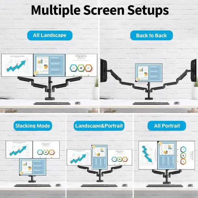 Alt view image 6 of 7 - Triple Monitor Mount for 17-32 inch Screens, Full Motion Triple Monitor Stand, 3 Monitors Desk Mount Holds 4.4-19.8 lbs Each, Clamp & Grommet Mounting, Black