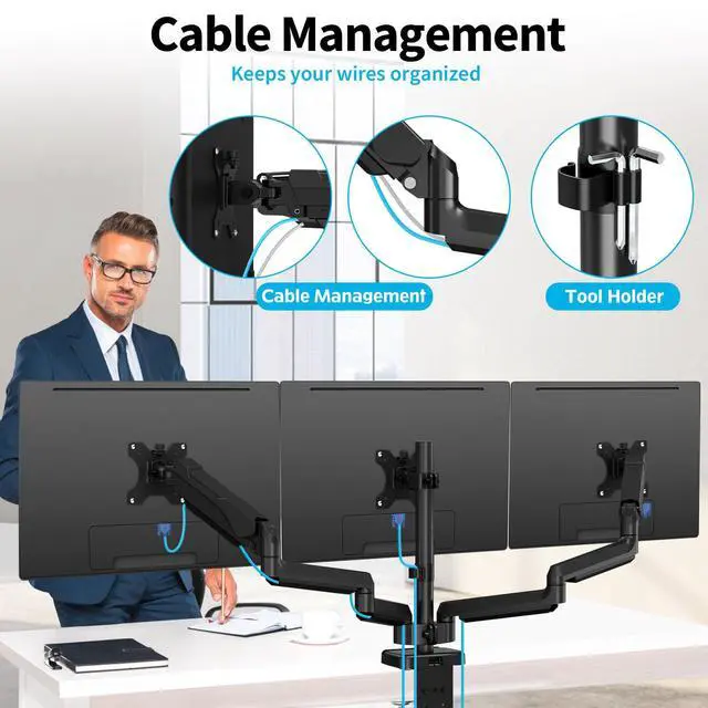 Alt view image 7 of 7 - Triple Monitor Mount for 17-32 inch Screens, Full Motion Triple Monitor Stand, 3 Monitors Desk Mount Holds 4.4-19.8 lbs Each, Clamp & Grommet Mounting, Black