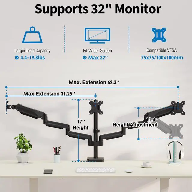 Alt view image 2 of 7 - Triple Monitor Desk Mount for Computer Screens up to 32" | Holds up to 19.8 lbs Each, 3 Monitor Arm, Heavy Duty Stand Vesa Mount 75x75, 100x100
