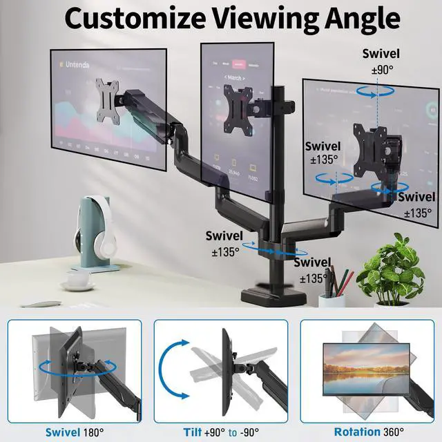 Alt view image 3 of 7 - Triple Monitor Desk Mount for Computer Screens up to 32" | Holds up to 19.8 lbs Each, 3 Monitor Arm, Heavy Duty Stand Vesa Mount 75x75, 100x100