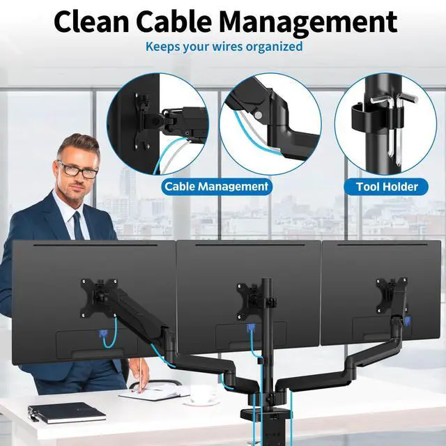 Alt view image 7 of 7 - Triple Monitor Desk Mount for Computer Screens up to 32" | Holds up to 19.8 lbs Each, 3 Monitor Arm, Heavy Duty Stand Vesa Mount 75x75, 100x100