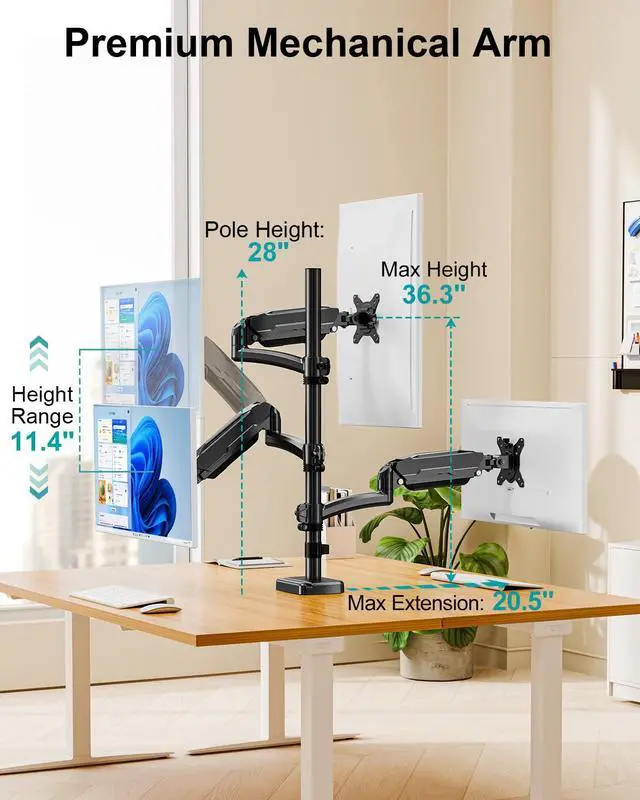 Alt view image 7 of 7 - Triple Monitor Mount for Max 32" Computer Screen, Adjustable 3 Monitor Desk Mount, up to 19.8lbs Each, Three Display Arm with Tilt Swivel Rotation, VESA Mount 75x75/100x100mm